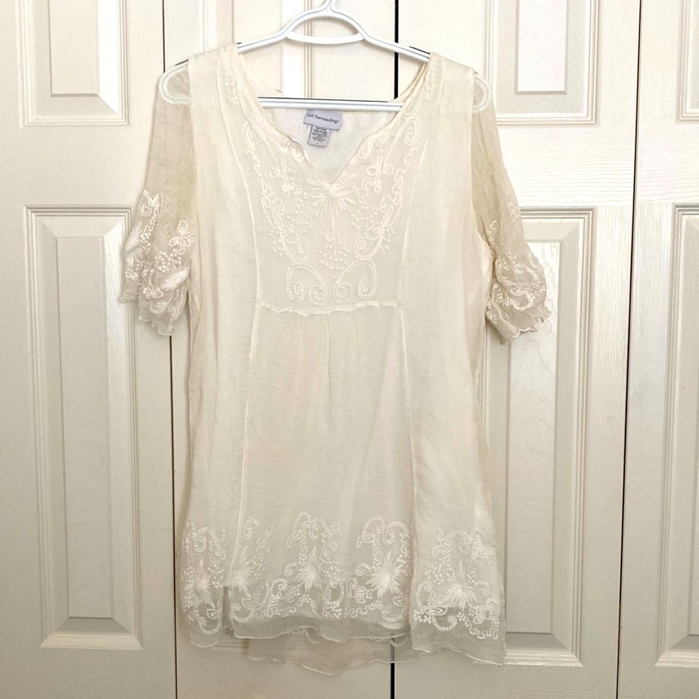 Soft Surroundings Cotton and Silk Top with embroidery trim.